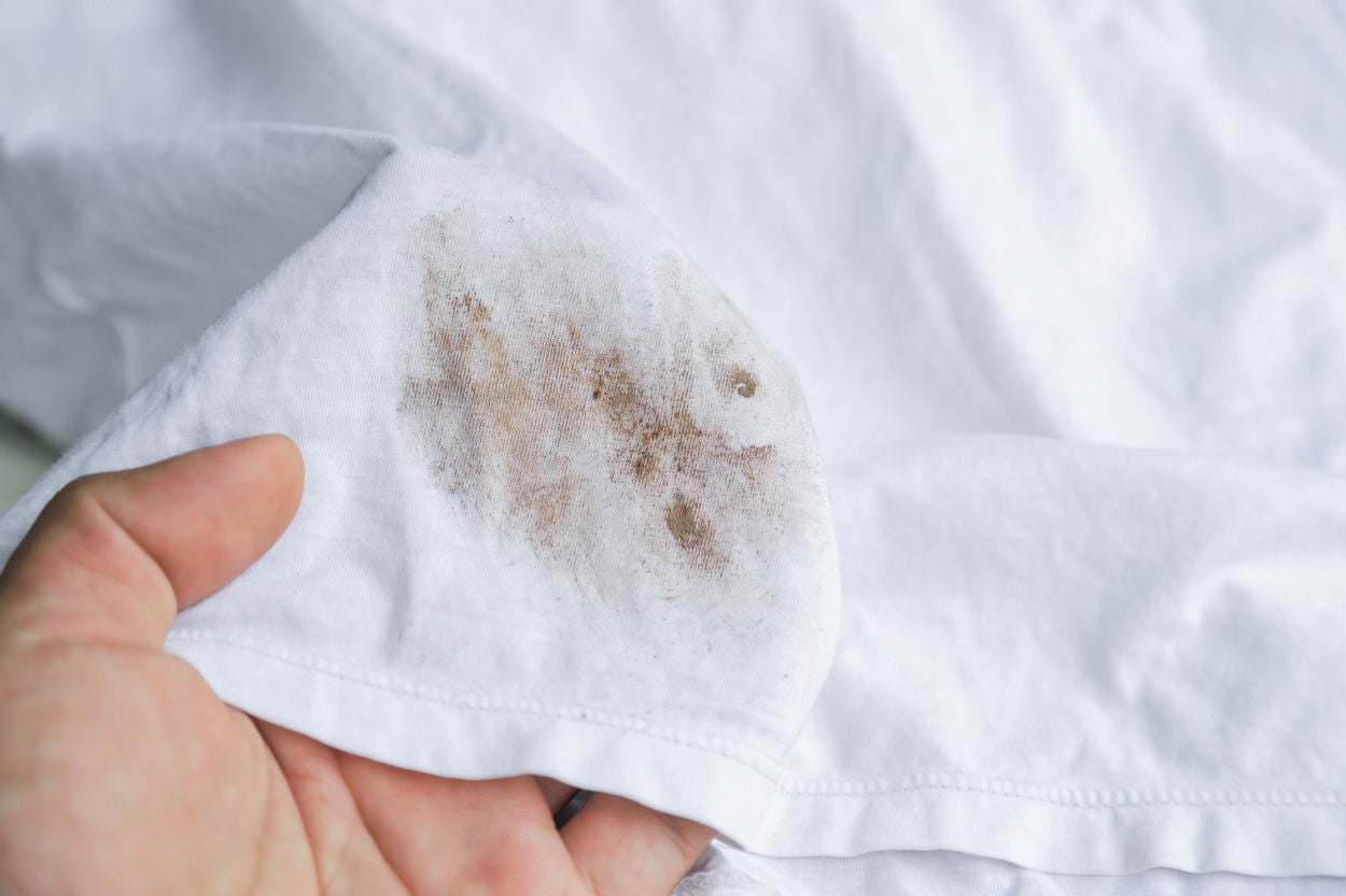 Dirty mud soil stain on white shirt from kid playing in daily life. stain for cleaning concept. hand showing ; Shutterstock ID 1523138336